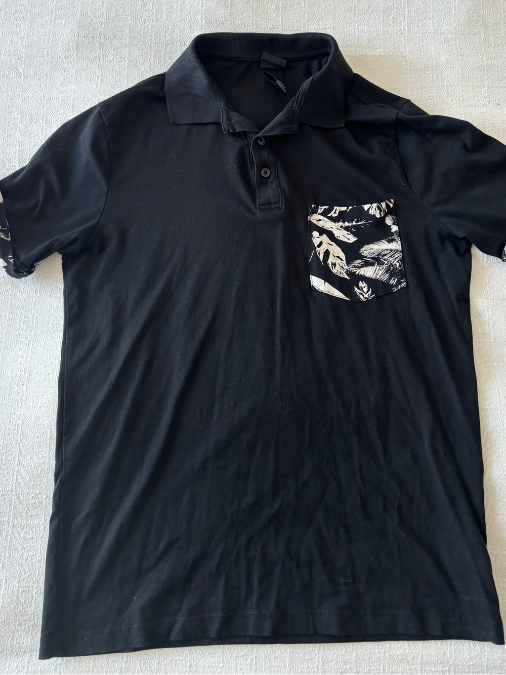 Men's Black Polo Shirt with Patterned Chest Pocket